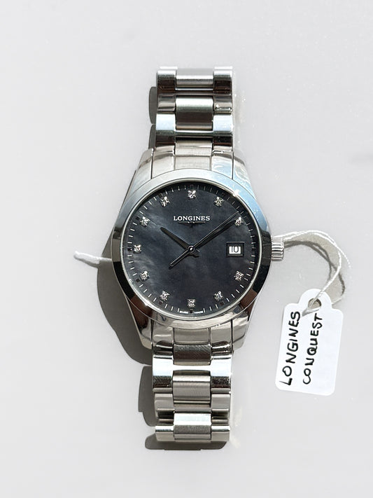 Longines Conquest Mother of Pearl 34mm – Timeless Elegance with a Touch of Sparkle